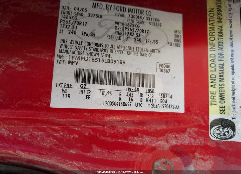 2005 FORD EXPEDITION VIN: 1FMPU16515LB09189