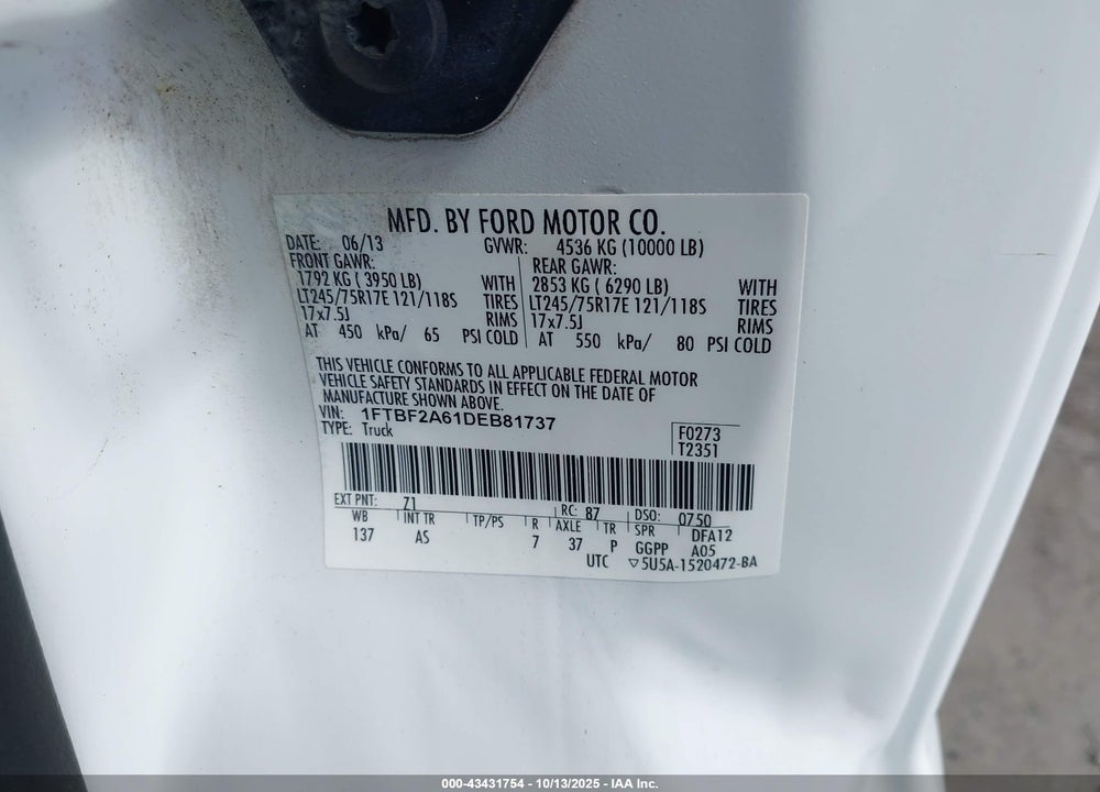 2013 FORD F250 SUPER VIN: 1FTBF2A61DEB81737
