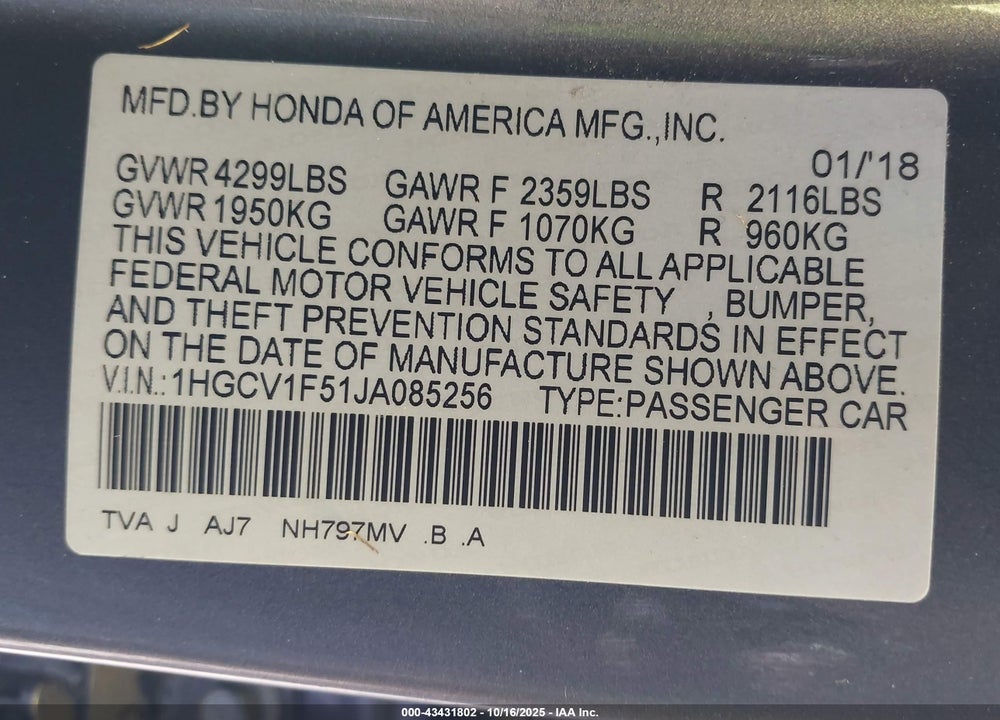 2018 HONDA ACCORD VIN: 1HGCV1F51JA085256