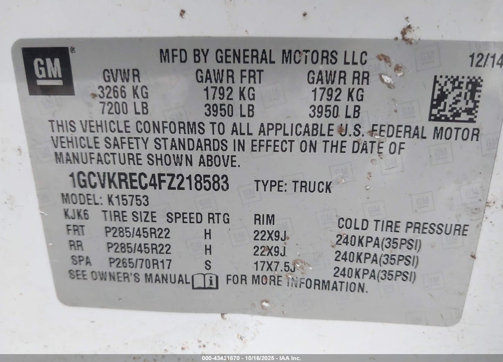 2015 CHEVROLET SILVERADO 1500 1LT VIN: 1GCVKREC4FZ218583