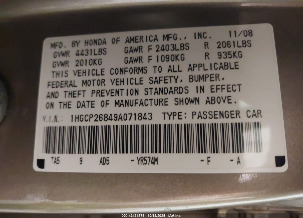 2009 HONDA ACCORD VIN: 1HGCP26849A071843