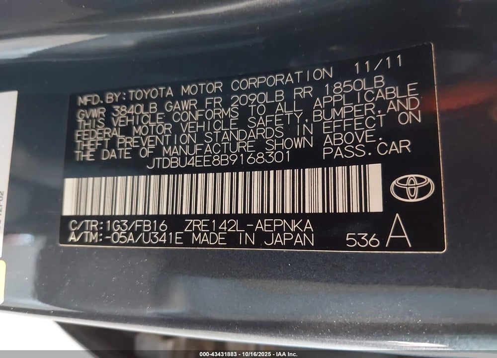 2011 TOYOTA COROLLA VIN: JTDBU4EE8B9168301