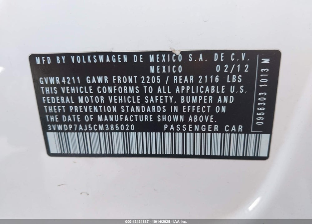 2012 VOLKSWAGEN JETTA VIN: 3VWDP7AJ5CM385020