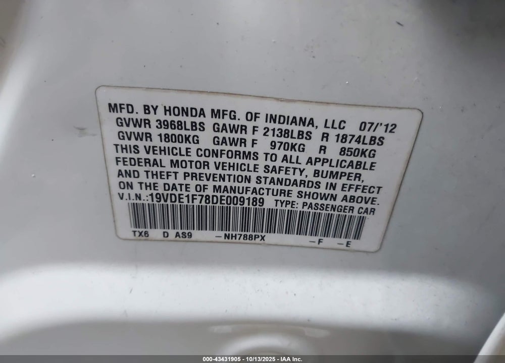 2013 ACURA ILX VIN: 19VDE1F78DE009189