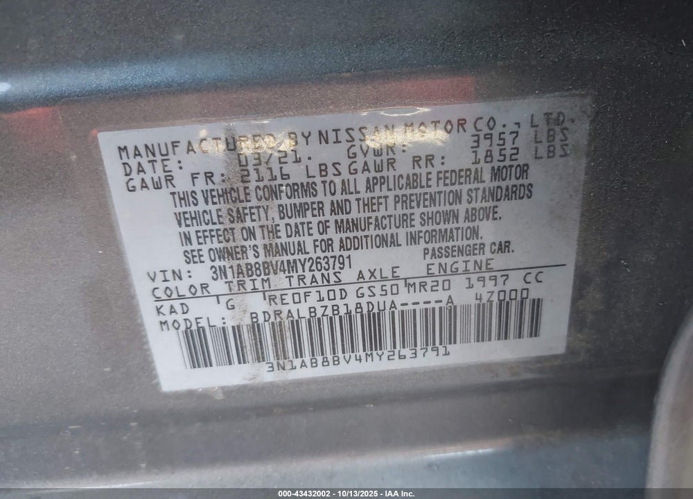 2021 NISSAN SENTRA S XTRONIC CVT VIN: 3N1AB8BV4MY263791