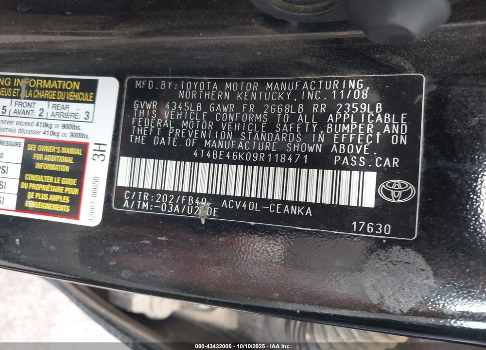 2009 TOYOTA CAMRY LE VIN: 4T4BE46K09R118471