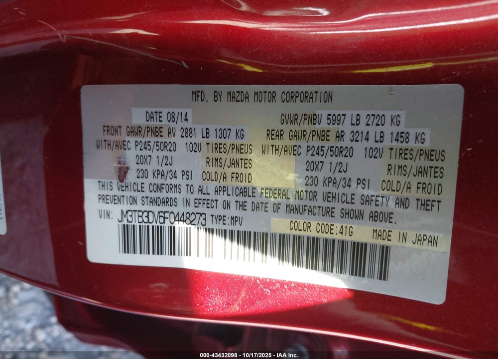 2015 MAZDA CX-9 VIN: JM3TB3DV6F0448273