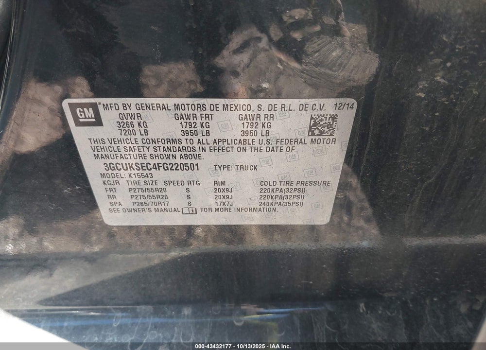 2015 CHEVROLET SILVERADO 1500 2LZ VIN: 3GCUKSEC4FG220501