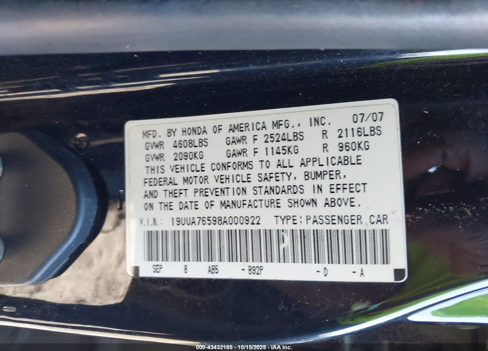 2008 ACURA TL VIN: 19UUA76598A000922