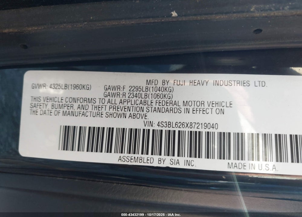 2008 SUBARU LEGACY 2.5I LIMITED VIN: 4S3BL626X87219040