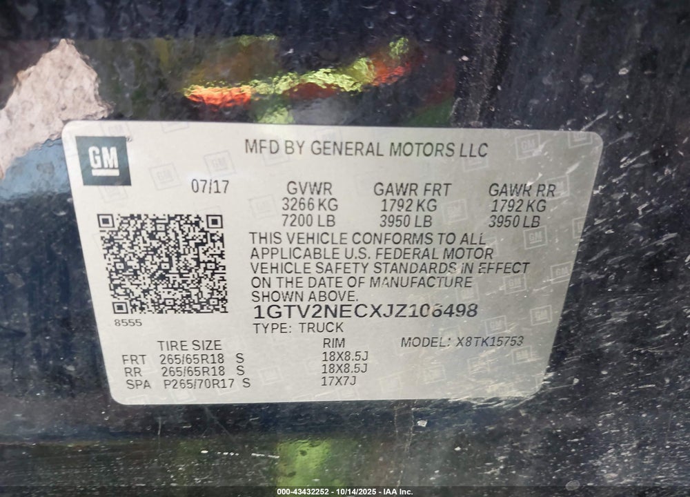 2018 GMC SIERRA 1500 SLT VIN: 1GTV2NECXJZ106498