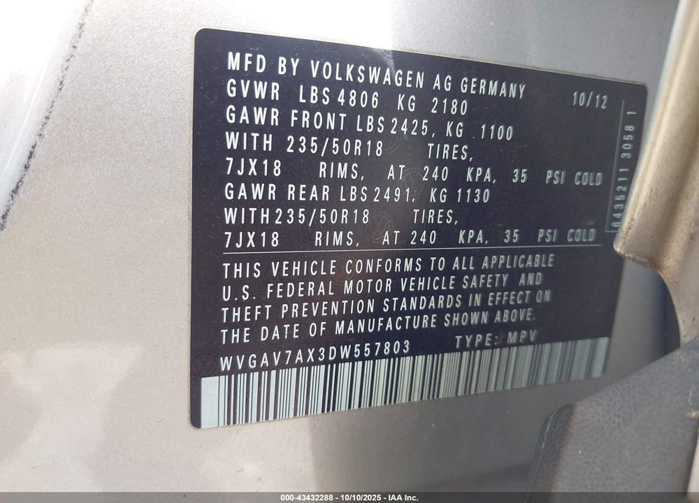 2013 VOLKSWAGEN TIGUAN SE VIN: WVGAV7AX3DW557803