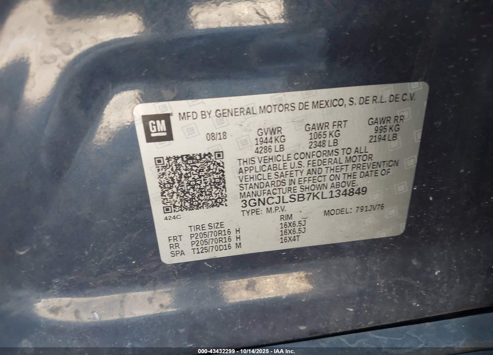 2019 CHEVROLET TRAX LT VIN: 3GNCJLSB7KL134849