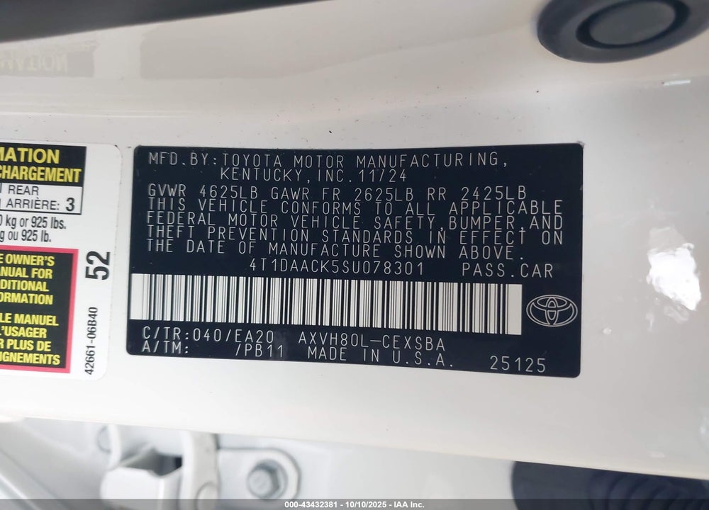 2025 TOYOTA CAMRY SE VIN: 4T1DAACK5SU078301
