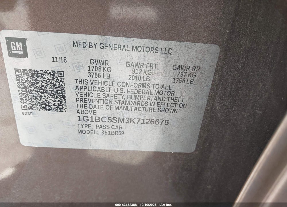 2019 CHEVROLET CRUZE LS VIN: 1G1BC5SM3K7126675