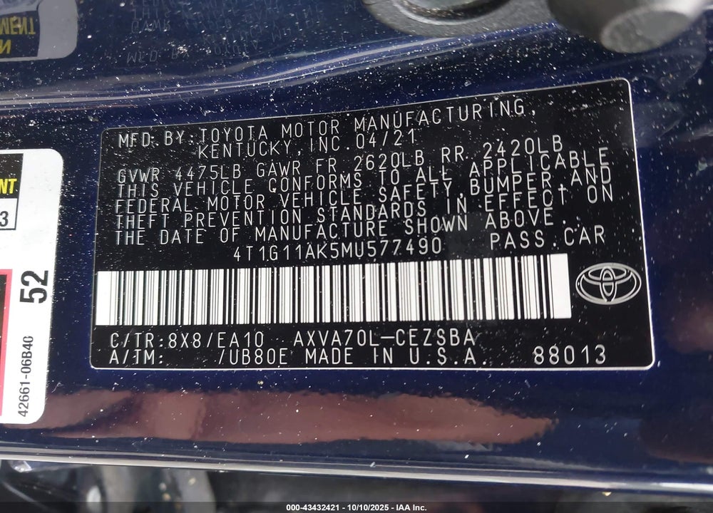 2021 TOYOTA CAMRY SE VIN: 4T1G11AK5MU577490