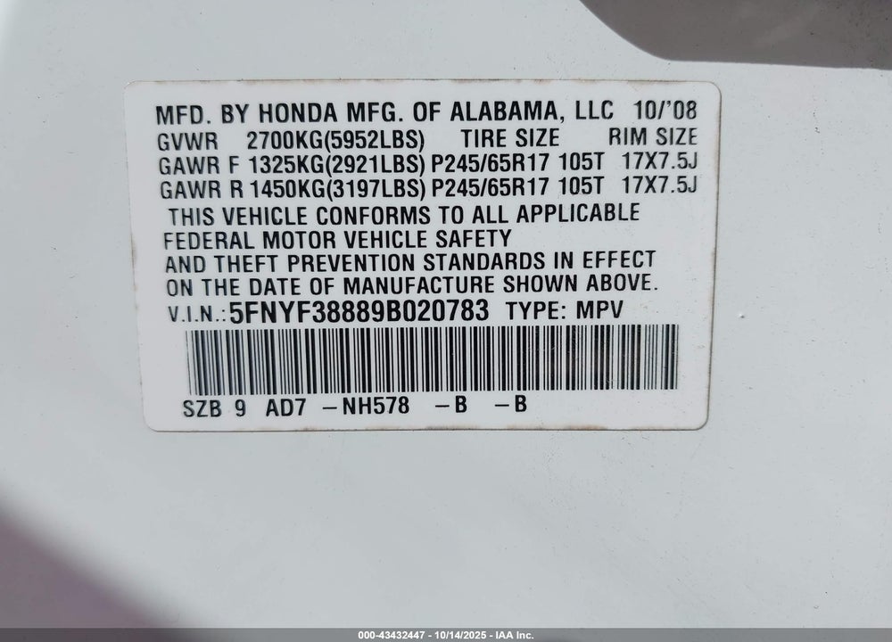 2009 HONDA PILOT VIN: 5FNYF38889B020783