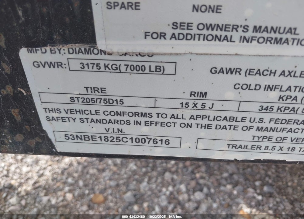 2012 DIAMOND TRAILERS INC OTHER VIN: 53NBE1825C1007616