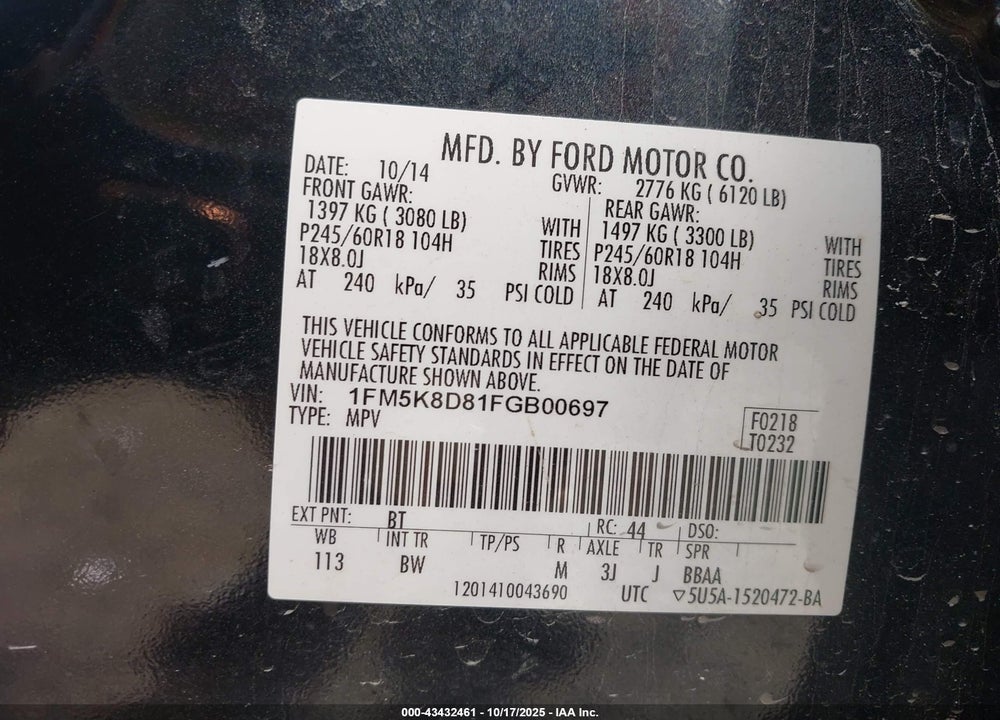 2015 FORD EXPLORER XLT VIN: 1FM5K8D81FGB00697