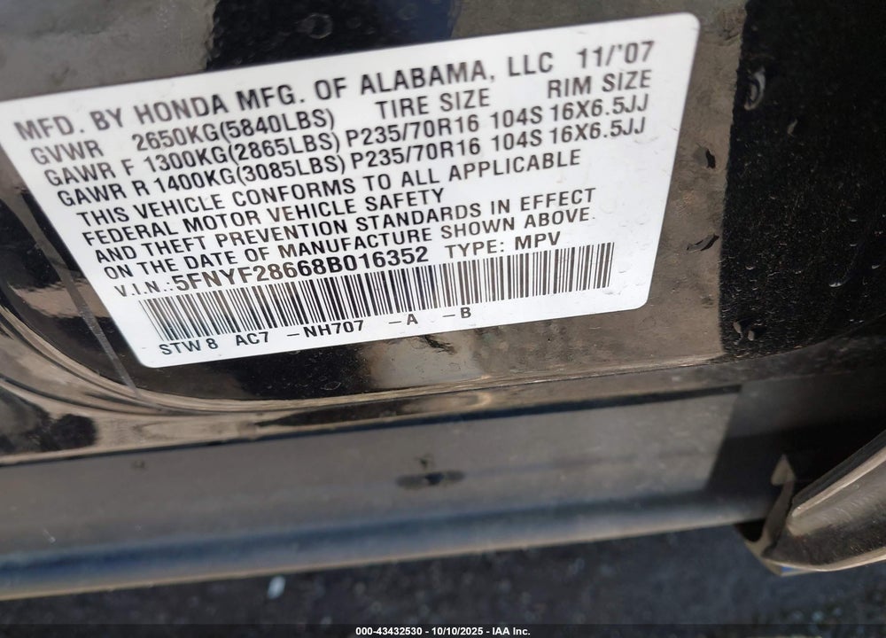 2008 HONDA PILOT VIN: 5FNYF28668B016352