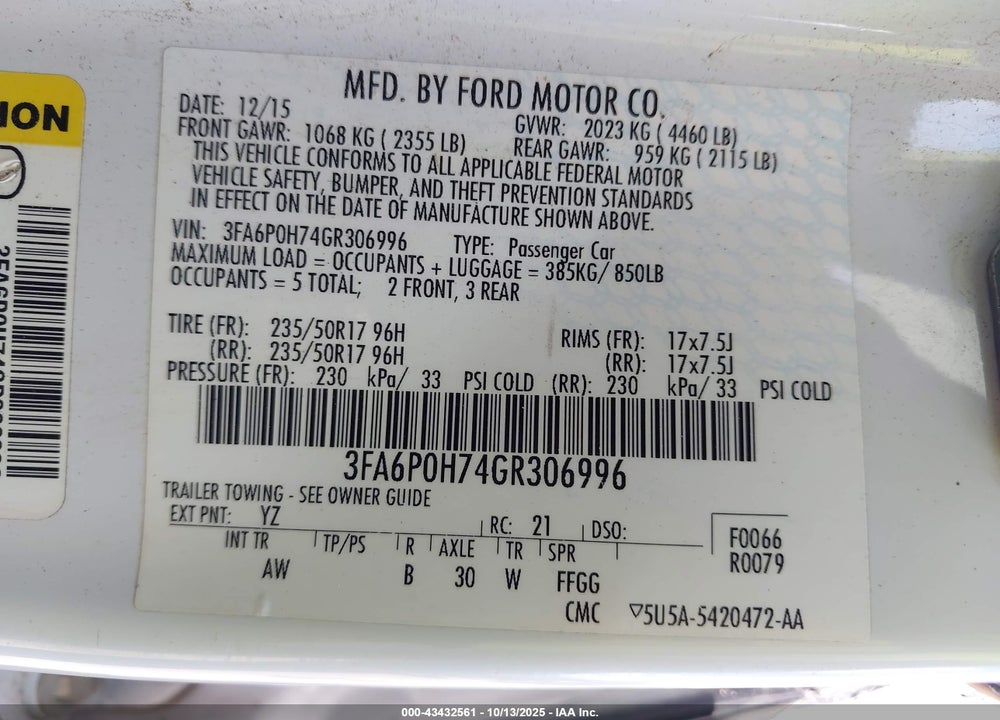 2016 FORD FUSION VIN: 3FA6P0H74GR306996