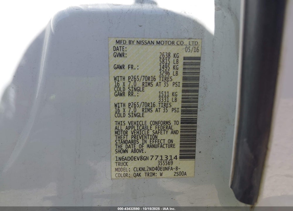 2016 NISSAN FRONTIER VIN: 1N6AD0EV8GN771314