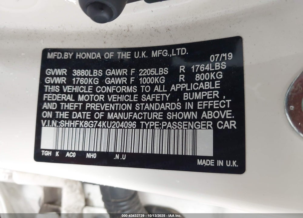 2019 HONDA CIVIC TYPE-R TOURING VIN: SHHFK8G74KU204096