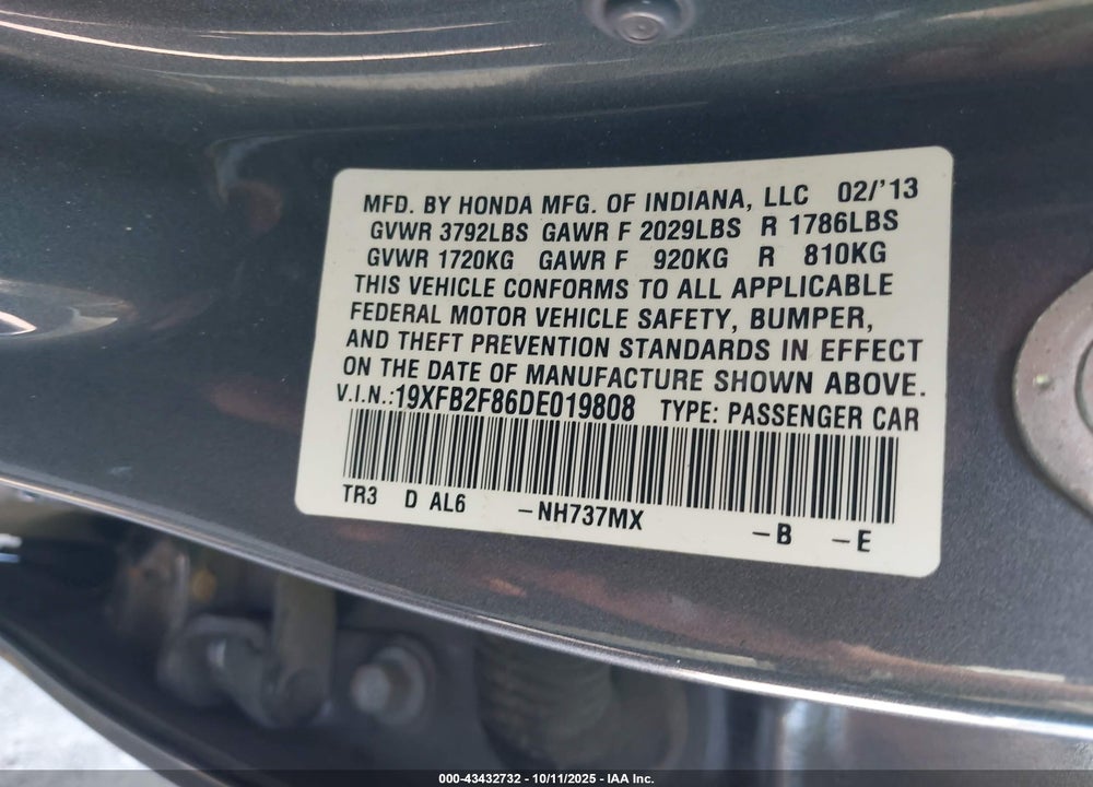 2013 HONDA CIVIC EX VIN: 19XFB2F86DE019808
