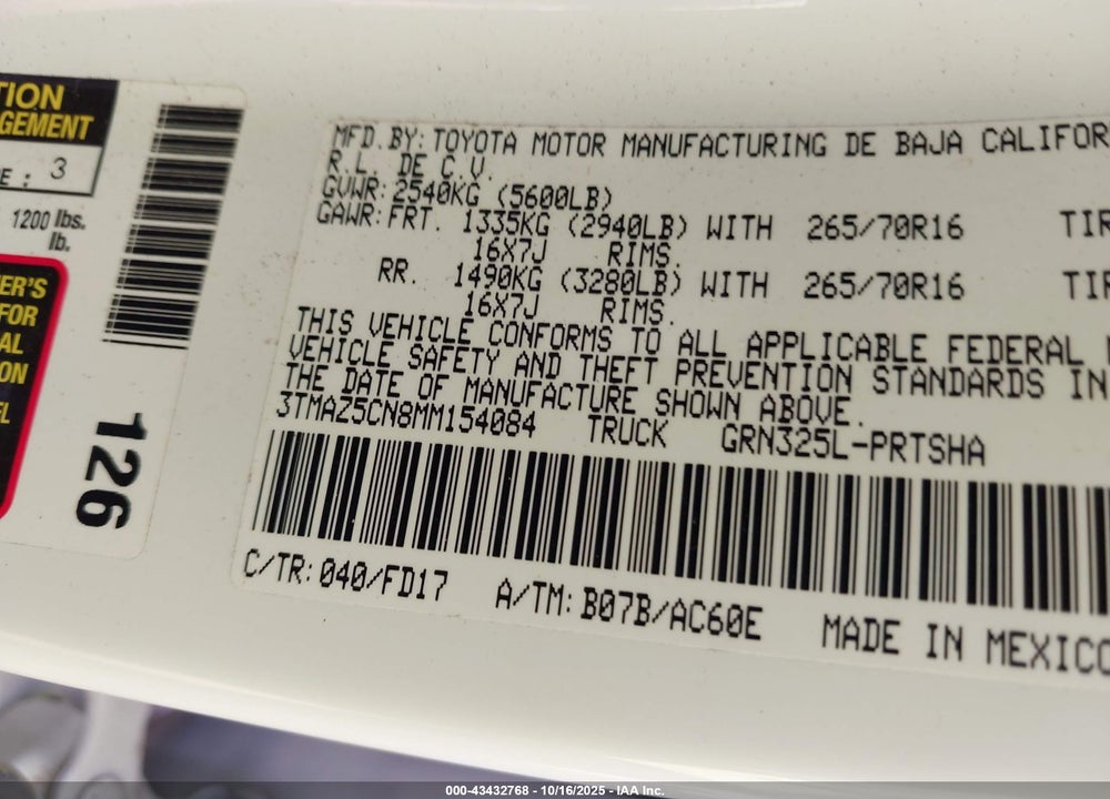 2021 TOYOTA TACOMA TRD OFF ROAD VIN: 3TMAZ5CN8MM154084