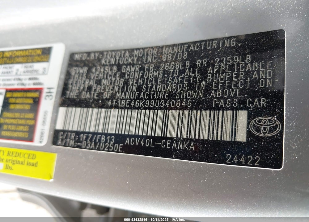 2009 TOYOTA CAMRY LE VIN: 4T1BE46K99U340646