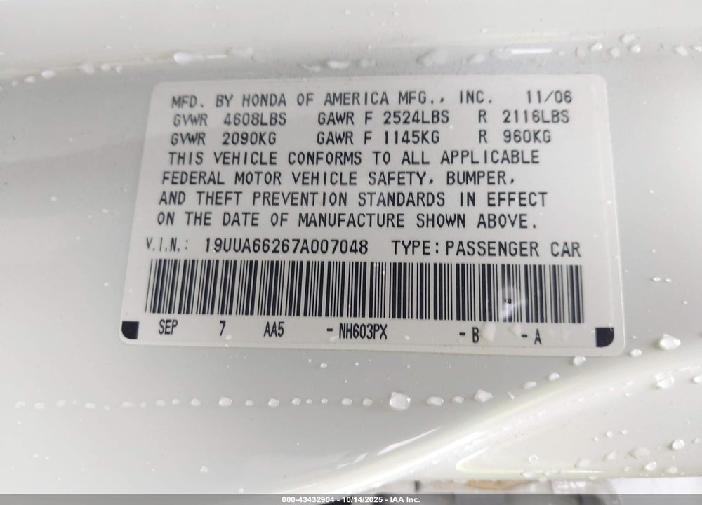 2007 ACURA TL 3.2 VIN: 19UUA66267A007048
