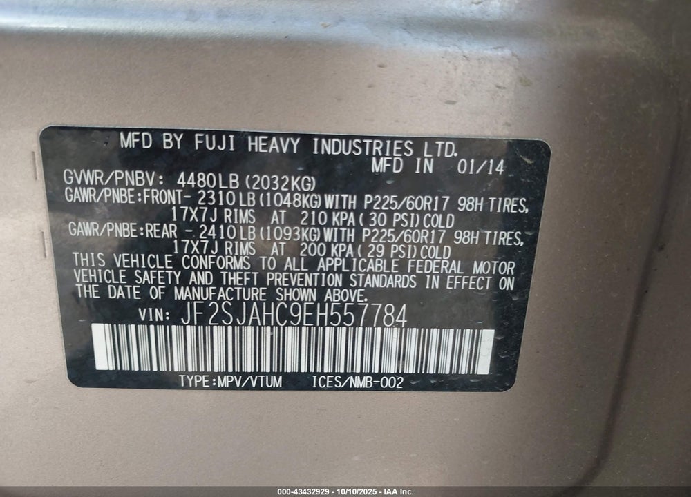 2014 SUBARU FORESTER 2.5I LIMITED VIN: JF2SJAHC9EH557784