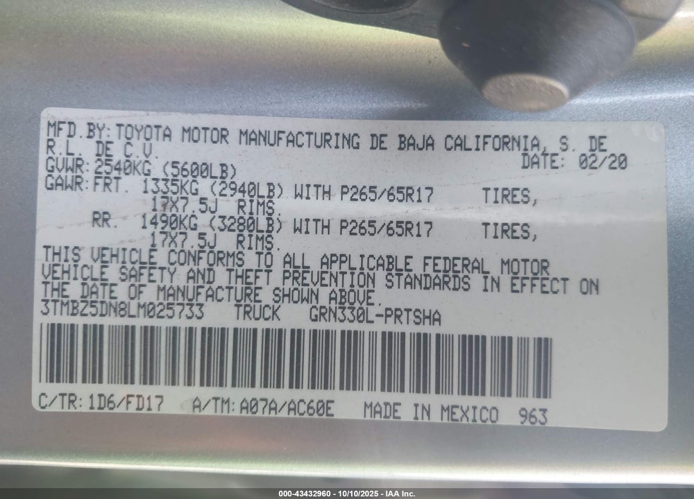2020 TOYOTA TACOMA VIN: 3TMBZ5DN8LM025733
