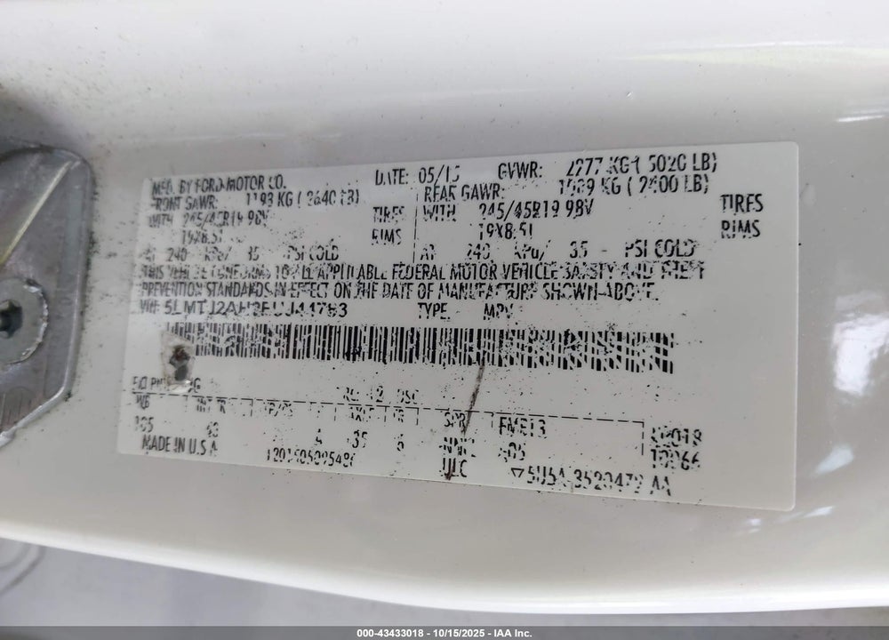 2015 LINCOLN MKC VIN: 5LMTJ2AH2FUJ44783