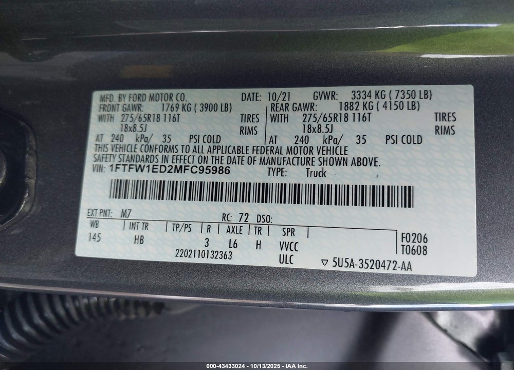 2021 FORD F-150 VIN: 1FTFW1ED2MFC95986