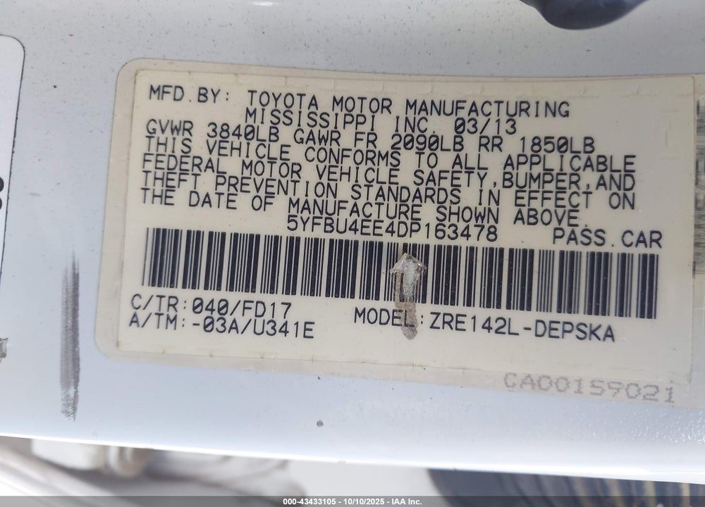2013 TOYOTA COROLLA VIN: 5YFBU4EE4DP163478