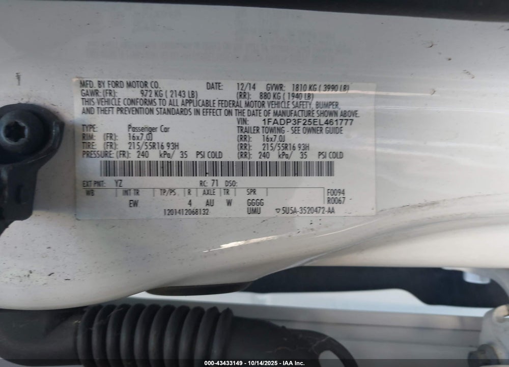 2014 FORD FOCUS SE VIN: 1FADP3F25EL461777