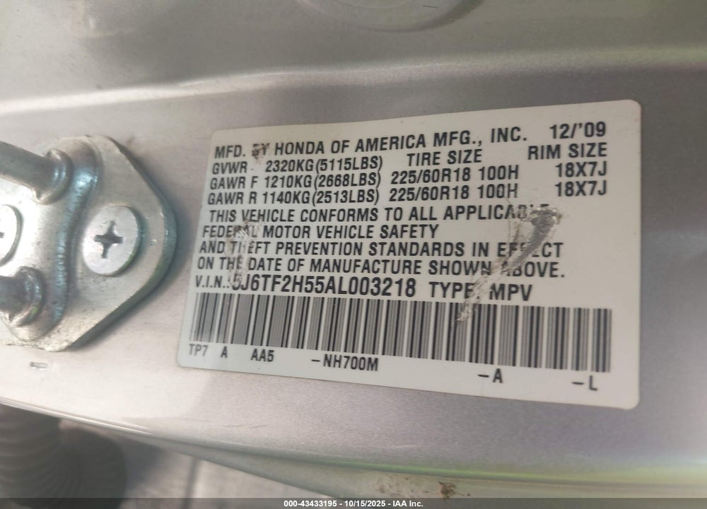 2010 HONDA ACCORD CROSSTOUR VIN: 5J6TF2H55AL003218