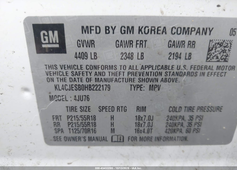 2017 BUICK ENCORE VIN: KL4CJESB0HB222179
