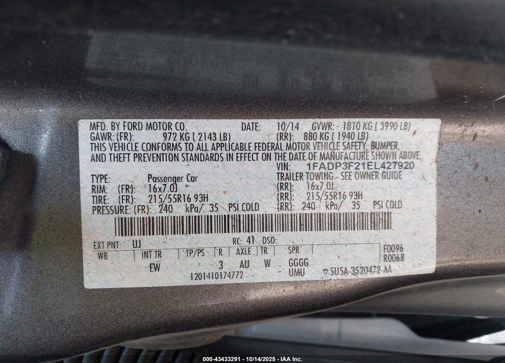 2014 FORD FOCUS SE VIN: 1FADP3F21EL427920
