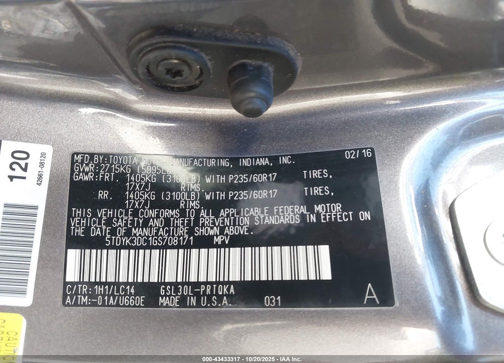 2016 TOYOTA SIENNA XLE 8 PASSENGER VIN: 5TDYK3DC1GS708171