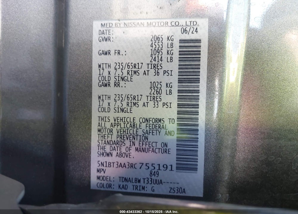 2024 NISSAN ROGUE S FWD VIN: 5N1BT3AA3RC755191
