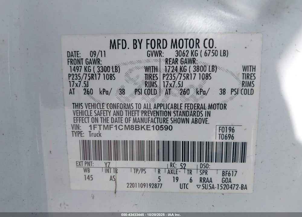 2011 FORD F-150 XL VIN: 1FTMF1CM8BKE10590