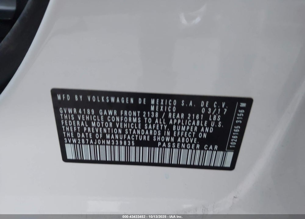 2017 VOLKSWAGEN JETTA 1.4T S VIN: 3VW2B7AJ0HM339835