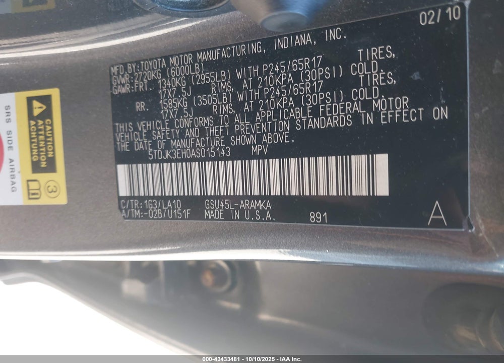 2010 TOYOTA HIGHLANDER VIN: 5TDJK3EH0AS015143