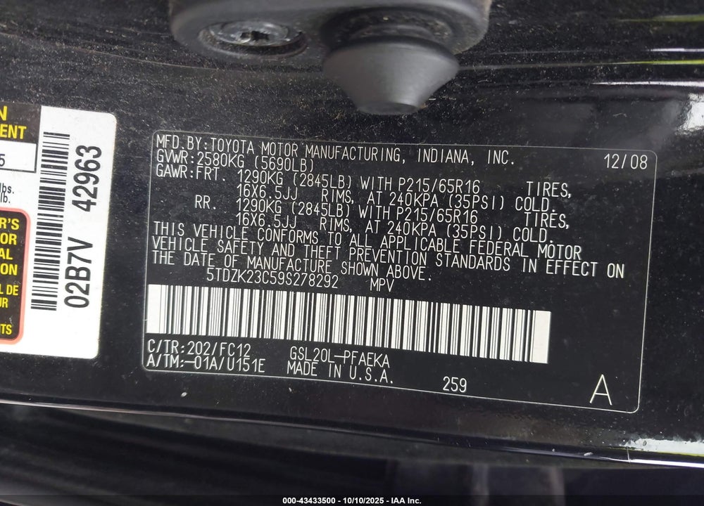 2009 TOYOTA SIENNA LE VIN: 5TDZK23C59S278292