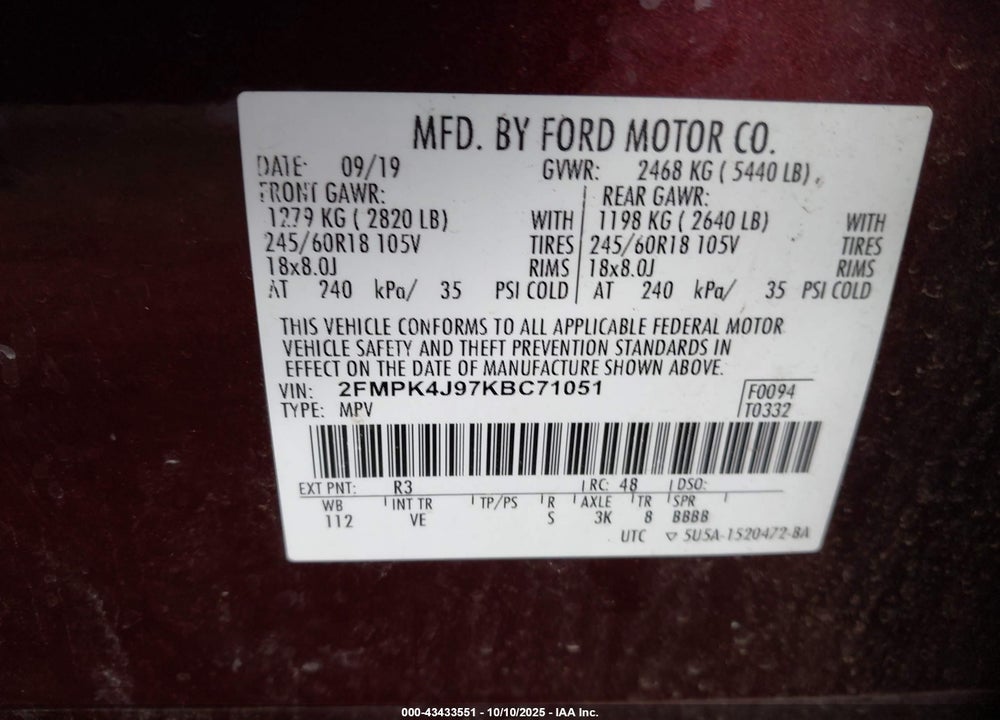 2019 FORD EDGE SEL VIN: 2FMPK4J97KBC71051