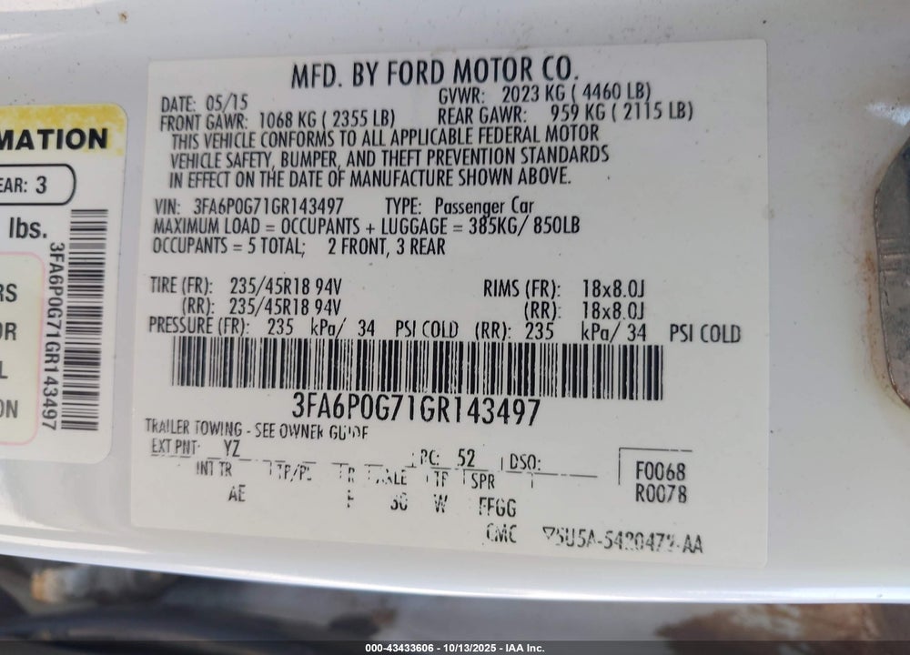 2016 FORD FUSION VIN: 3FA6P0G71GR143497