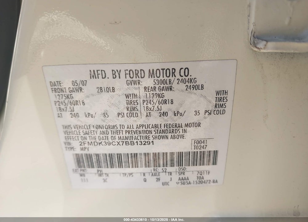 2007 FORD EDGE SEL PLUS VIN: 2FMDK39CX7BB13291