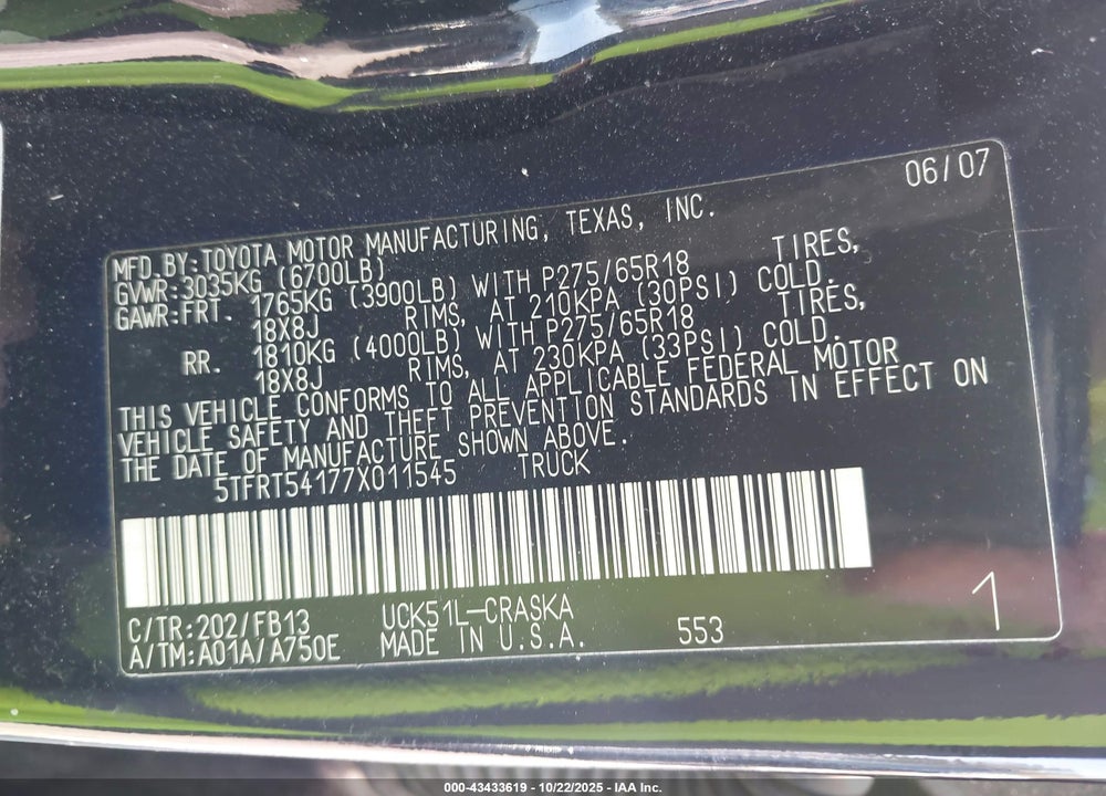 2007 TOYOTA TUNDRA SR5 4.7L V8 VIN: 5TFRT54177X011545